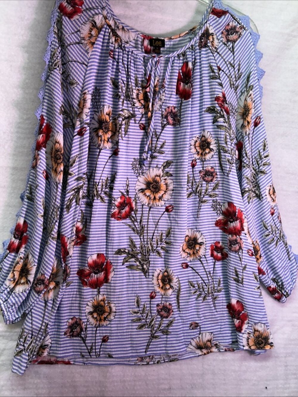 Lee Blouse Size 1Xl Blue Multi Floral Women Blouse Flowy Long Sleeve